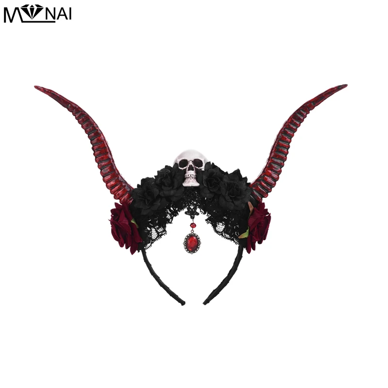 

Punk Blood Red Antelope Horn Headdress Gothic Skull Flowers Headband Props Steampunk Party Festival Halloween Horn headpiece