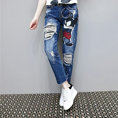 Женский весенне-летний повседневный комплект из 2 предметов, женская модная футболка с рисунком Микки Мауса+ джинсовый костюм с дырками для похудения - Цвет: Blue jeans