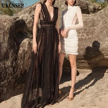 

UKCNSEP 2020 Summer Dress Women V Neck Sleeveless Tassle Lace Dresses Casual Loose Long Floor Length Maxi Party Dress Vestidos