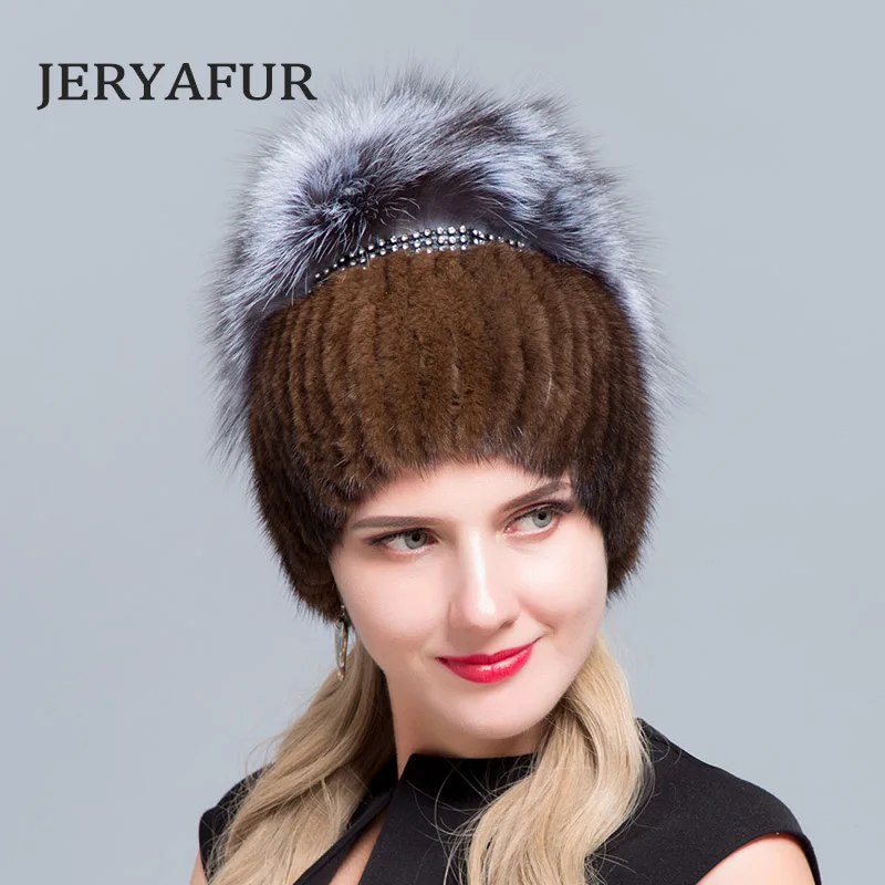 Модные женские шапки JERYAFUR из натуральной норки лисы облегающие зимние
