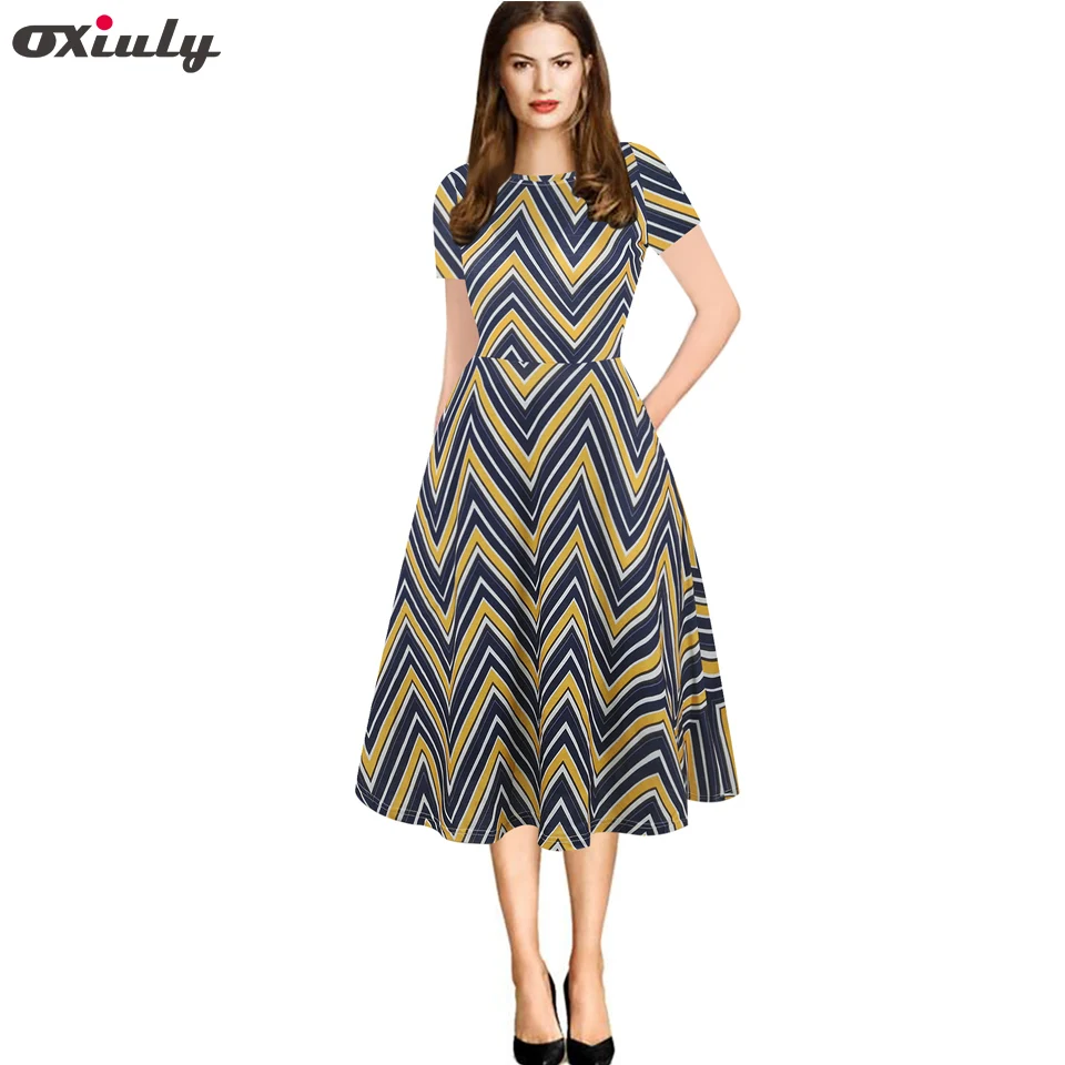 

Oxiuly Vintage Summer Dress Stripe Flower Print Dress A-line Style Retro Big Swing Floral Pinup Women Audrey Hepburn Dress