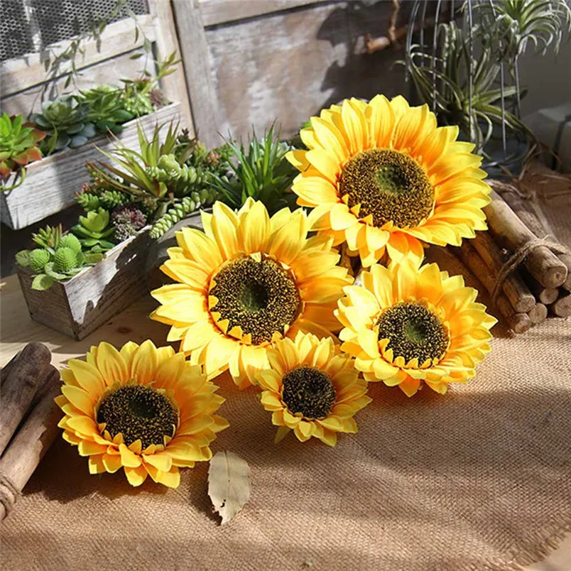 Artificial Flowers Silk Fake Sunflowers Flower Heads Bouquet Floral Garden Home Decor Cheap Flowers New arrival #3n07#F (21)
