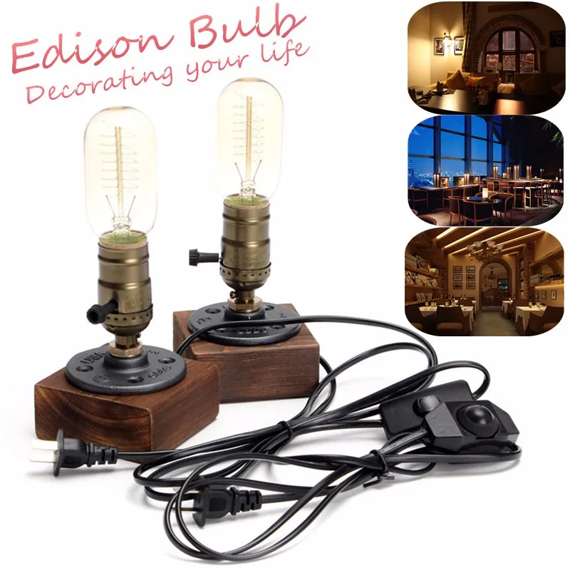  220V E27 Industrial Retro Vintage Edison Desk Light Table Lamp Wooden Socket Lighting Fixture Dimma