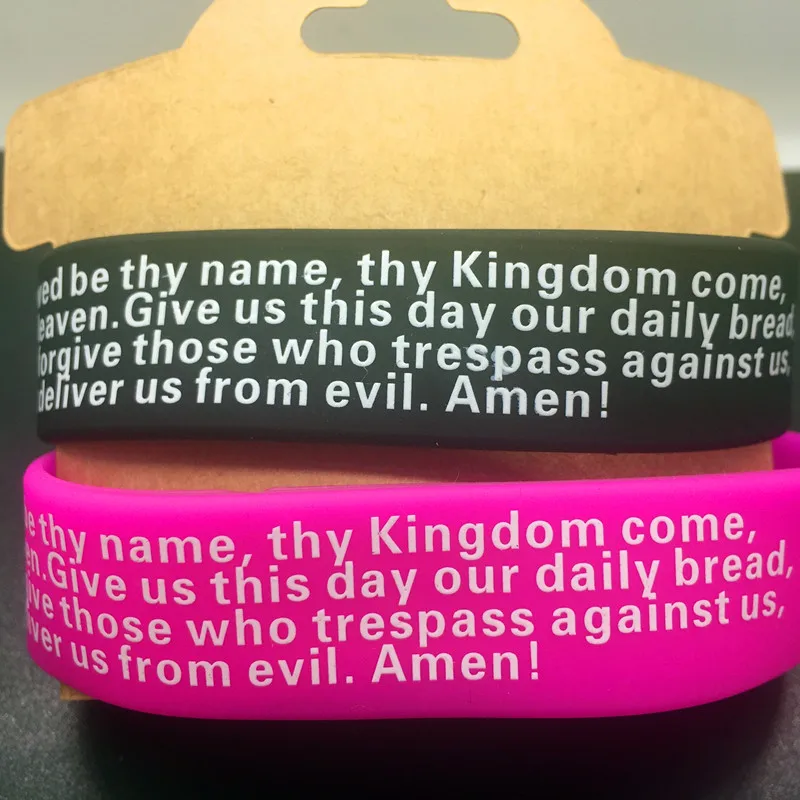 

Fashion 1set Black Pink Jesus Religious English Lord's Prayer Cross Elasticity Silicone Wristbands Bracelet For Man Women