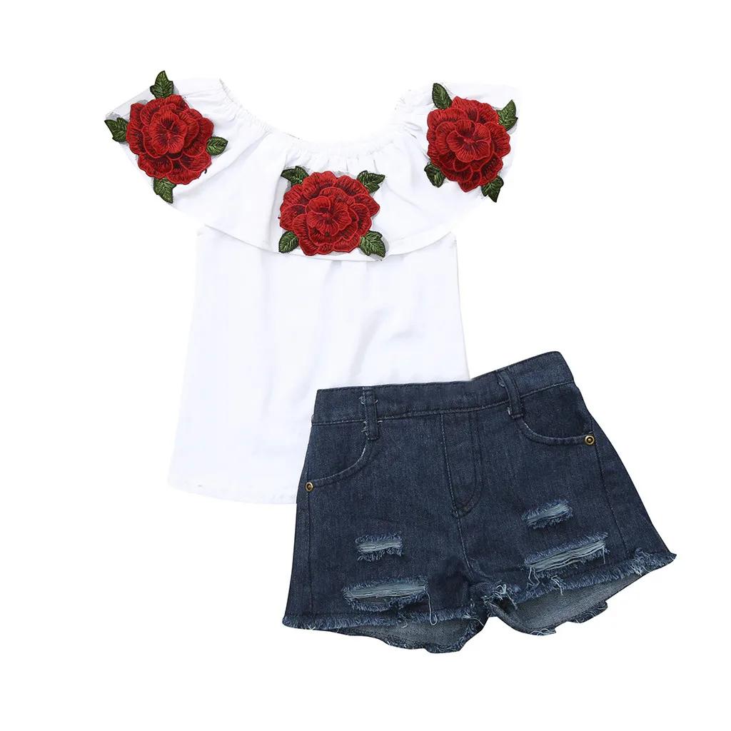 Одежда для маленьких девочек топы с цветочным принтом и розой, джинсовые шорты и штаны, комплект одежды для девочек детская одежда roupa infantil