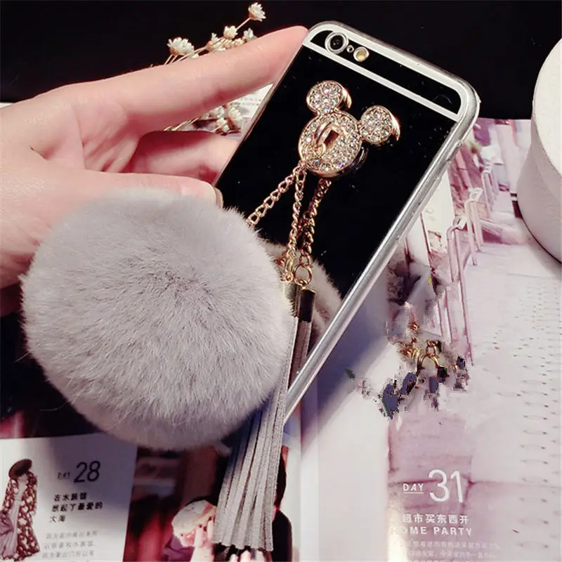 

Case For Samsung A3 A5 A7 A8 2016 2017 A6 2018 Rhinestone Mouse ears Fur Ball tassels Soft Mirror Phone case Pompom Capa coque