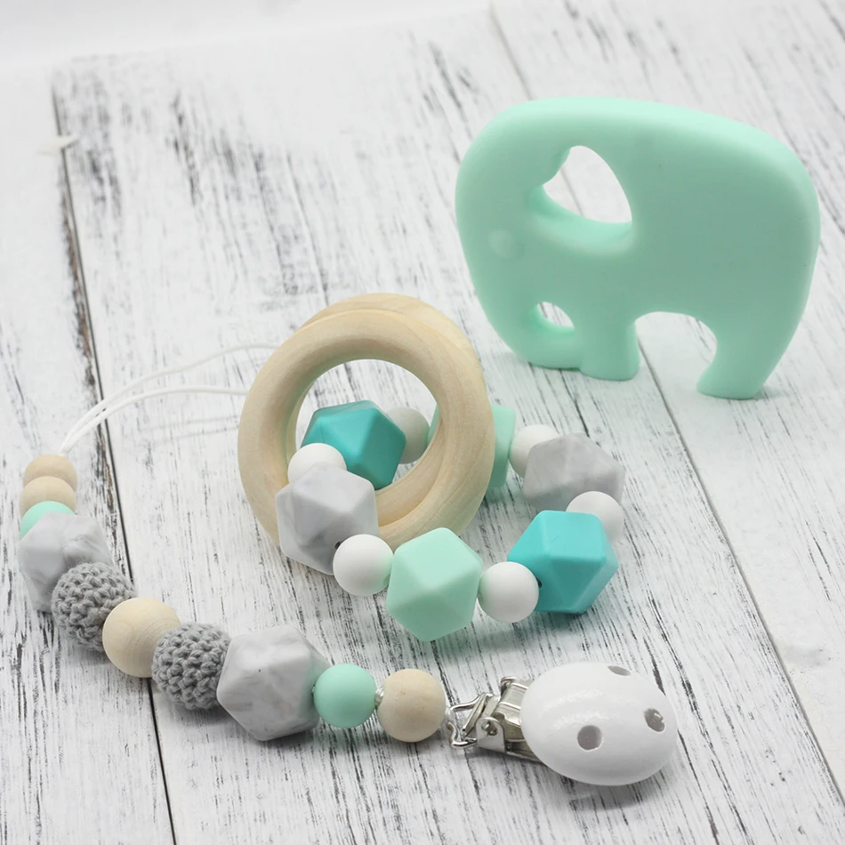 GLJ.CY Free shipping Pacifier Clip Wooden Organic and Silicone Beads Rattle Holder Chewable Baby Accessories pendant