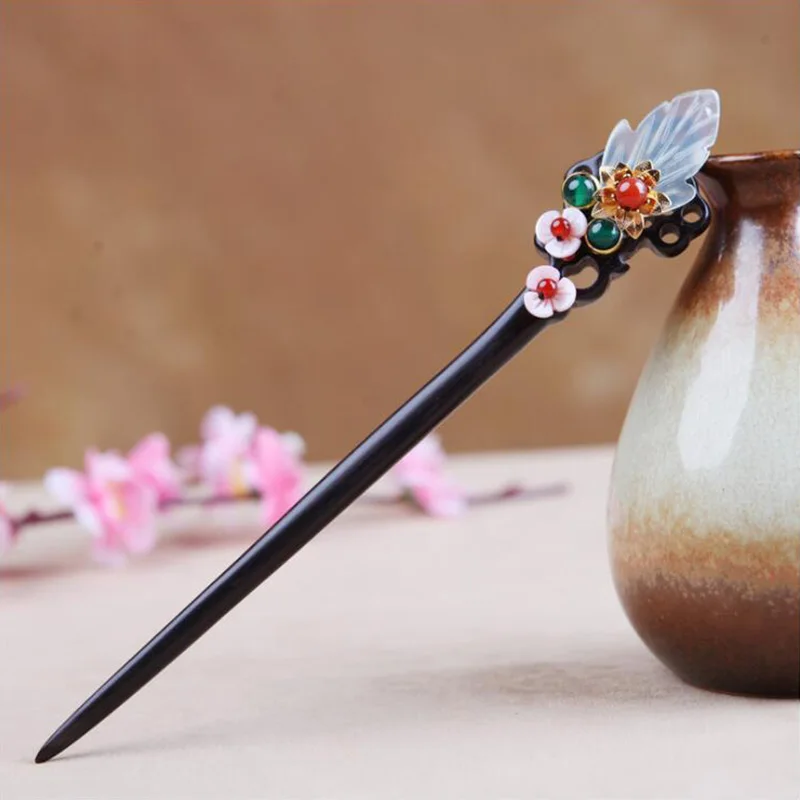 

Ethnic Hand-carved Ebony Hairstick Vintage Chinese Hairpin Wooden Hair Fork Women Shell Flower Leaf Hair Accessories Hair Pin