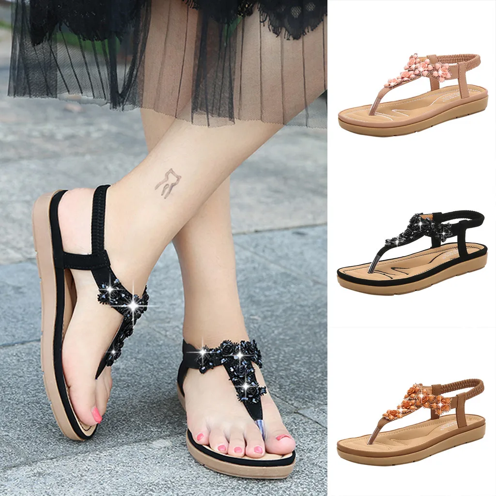 

New Bohemia Woman Sandals Rhinestone Dress Flip-Flop Elastic Band Shoes Sandalias Mujer 2019 Indoor Outdoor Flat Sandals summer