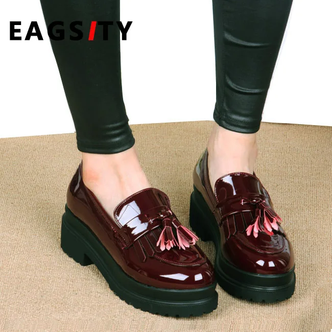 

EAGSITY patent leather loafers for women shoes slip on round toe tassel platform thick sole casual ladies shoes