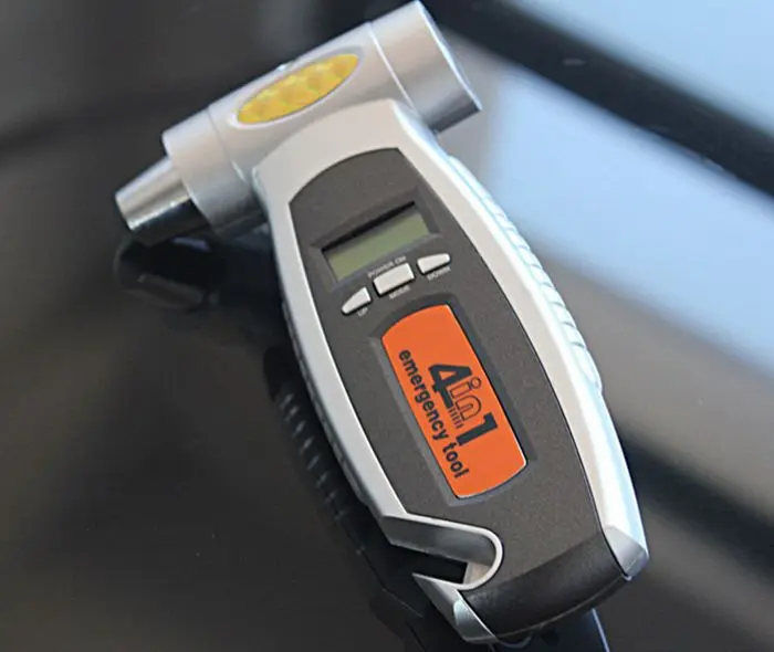 

Four Digital Multifunction tire pressure gauge, safety hammer air gauge with LED lights.