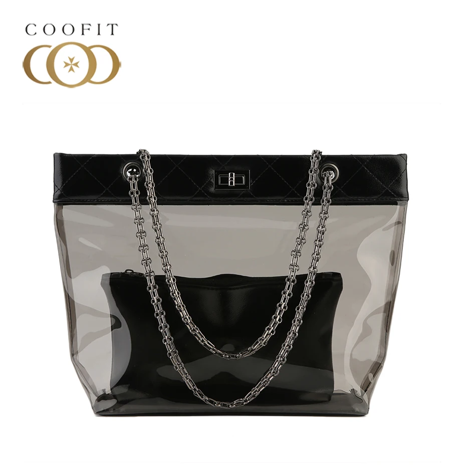 

Coofit Womens Jelly Clear Transparent Tote PU Leather Chain Bag Shoulder Bags Beach Bag Popular Lady Black Handbag PVC Sac Femme
