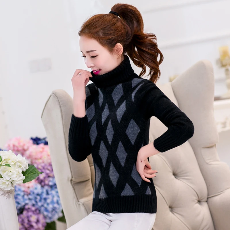 Womwen Knitting Sweater Winter 2018 Fashion Sweet Argyle Turtleneck Thicken Warm Pullovers Elastic Slim Knitted Tops