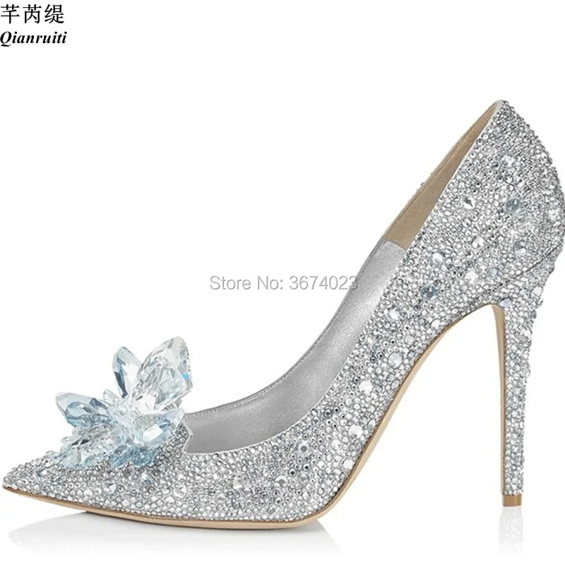 Qianruiti Wedding Shoes Women Cinderella Crystal Pumps Slip On Diamonds Pointed Toe Stilettos Bridal Bling 11 cm 9 7 | Обувь