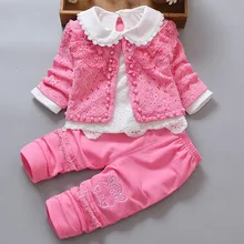 Новые весенне-осенние комплекты из 3 предметов для маленьких девочек, детская белая кружевная футболка для новорожденных, топы+ пальто с цветочным принтом, куртки+ брюки, От 0 до 2 лет вечерние подарки