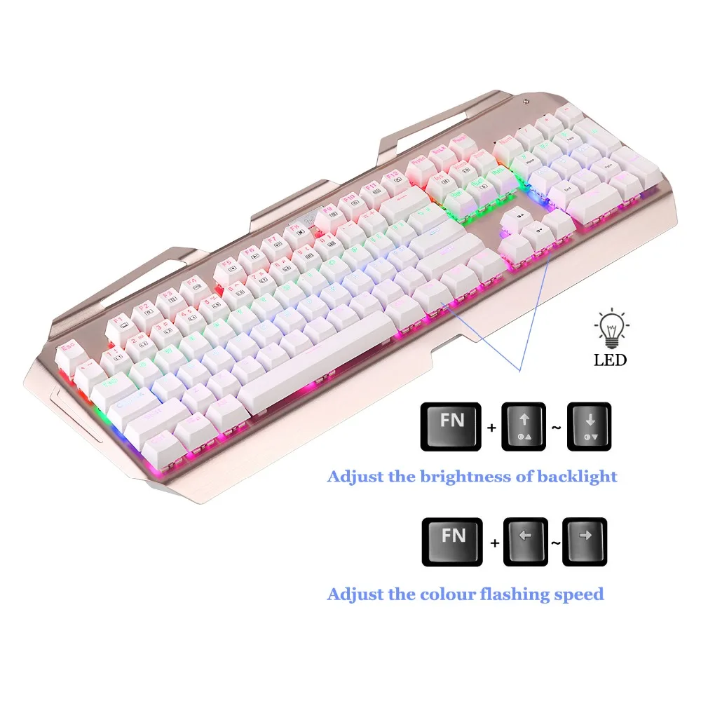 Mechanical Gaming Keyboard LED Backlit Aluminum Plate Clicky Switches 104 Keys Gamer Keyboard Anti-Ghosting ,White Gold X7000