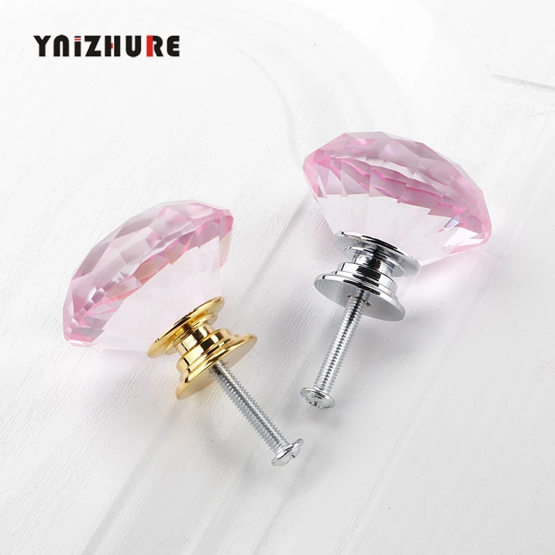 2019 New 40mm Diamond Shape Pink Crystal Glass Knobs Cupboard Pulls Drawer Handle Kitchen Cabinet Jewelry Wardrobe 1PCS