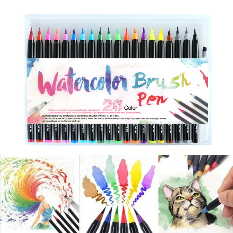 

20PCS Colors Art Marker Watercolor Brush Pens for School Supplies Stationery Drawing Coloring Books Manga Calligraphy