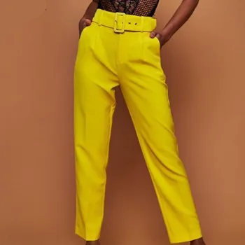

2019 Spring Casual Pants High Waist Autumn Belted Straight Leg Slacks Office Lady Suit Pants Women Trousers