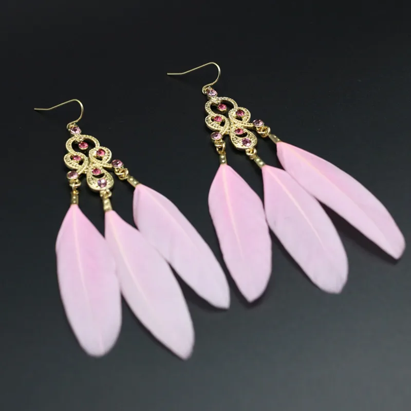 Pink Feather Drop Earrings with Pink Beads Fashion Charming Jewelry