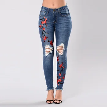 

Women Embroidery Jeans Pants Skinny Ripped High Waist Stretch Pencil Denim Trousers BMF88