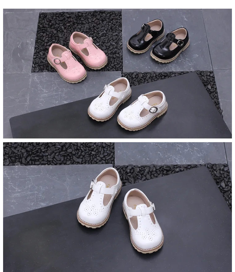 Childrens Soft-soled Leather Shoes Hollow T-shape Girls Shoes Sweet Princess Shoes Mary Jane Single Shoes Hook Loop Kids Flats