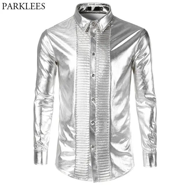 Men's Bling Shiny Silver Button Down Dress Shirt 2018 Brand New Slim