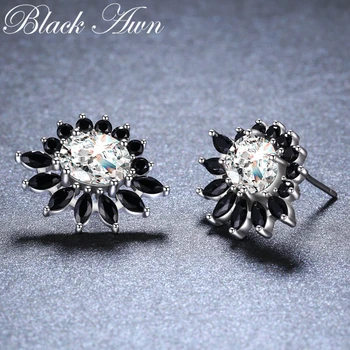 

Romantic 925 Sterling Silver Flower Black Spinel Trendy Engagement Earrings for Women Fine Jewelry oorbellen Bijoux I048