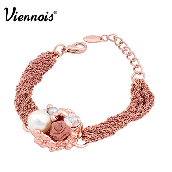 

Viennois Brand New Flower Simulated Pearls Charm Bracelet Rose Gold Color Bracelets for Women Fashion Jewelry