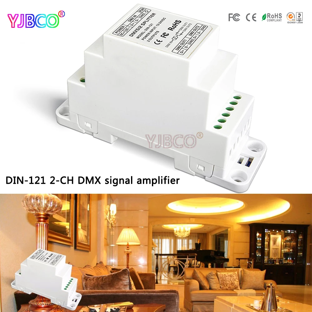 

New DIN-121;DC12V-24V DMX Amplifier 1CH input 2ch output; DIN Rail DMX 512 Signal Amplifier for led lamp