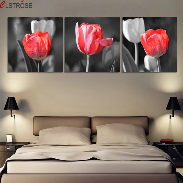 

CLSTROSE Luxry 3 Panel Hot Sell Modern Wall Painting Home Decor Art Picture Print On Canvas Prints Red And Gray Tulip Flowers