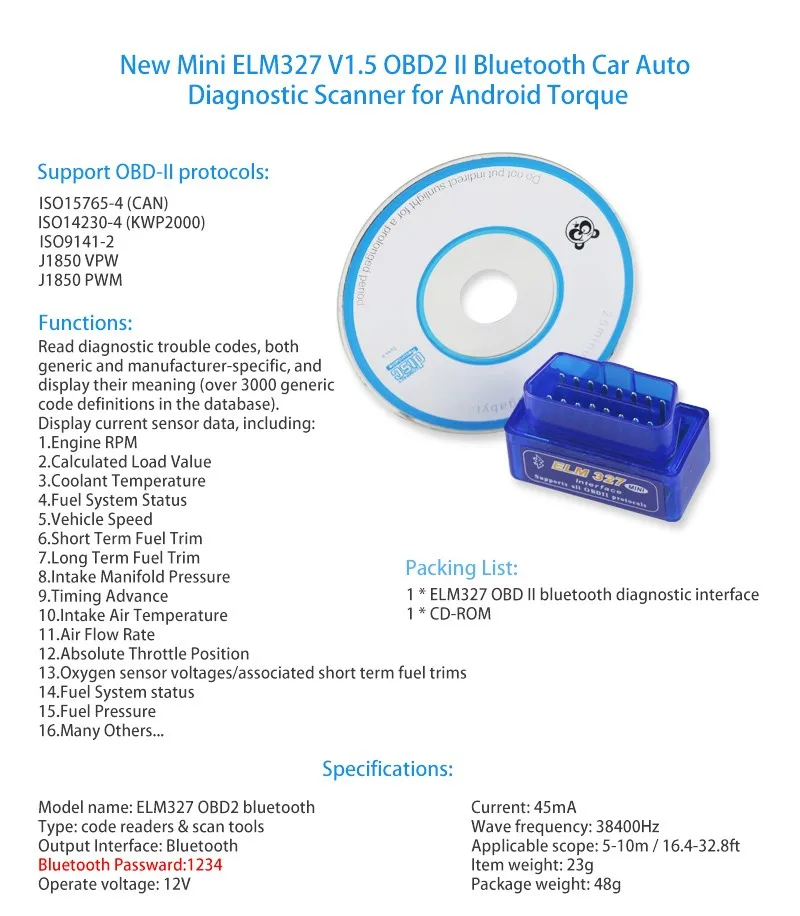  JOYING ELM 327 V2.1 Bluetooth Vehicle Diagnostic Tool OBD2  OBD-II ELM327 Car Interface Scanner Works On Android : Electronics