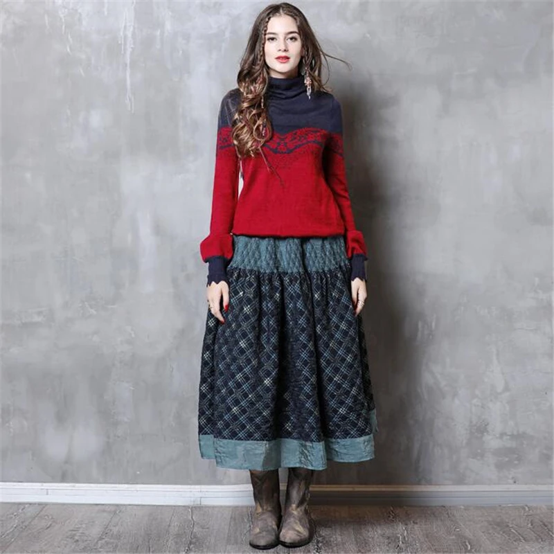 Blue Costura Señoras Cintura Impresas Elástica Faldas Maxi Retro Moda Larga Plisado Mujeres Midi Vintage Navy Falda Impresión Boho Plaid n0qSnZwfU