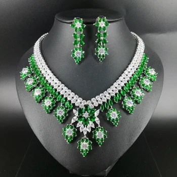 

2019 new fashion luxury retro romantic green flowers zircon necklace earring set,wedding bride dinner party formal jewelry set