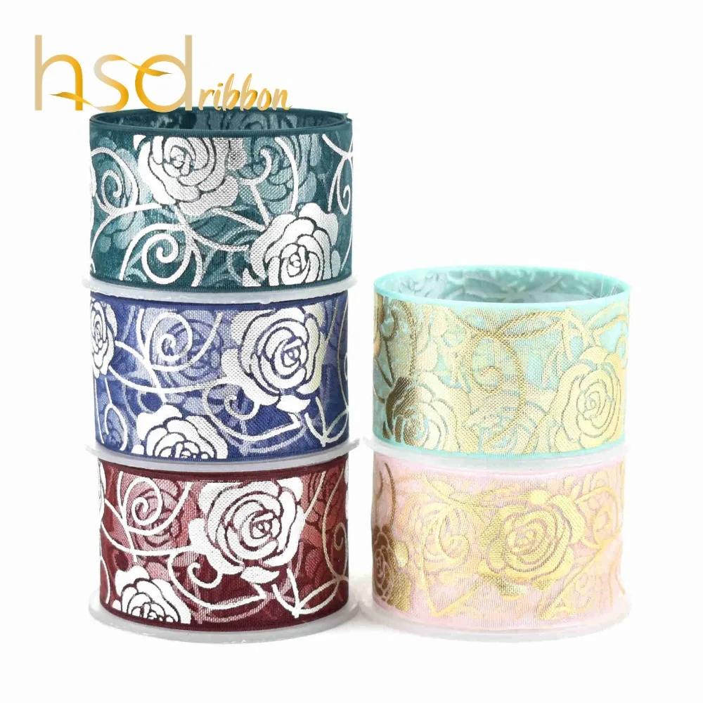 

HSDRibbon 1" 25mm custom flower silver gold foil printed on Organza Ribbon