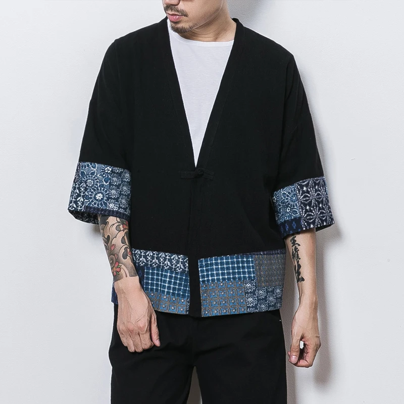 

MRDONOO Summer Japanese style kimono robe coat men loose large size seven points sleeve shirt retro Chinese style cardigan 8808