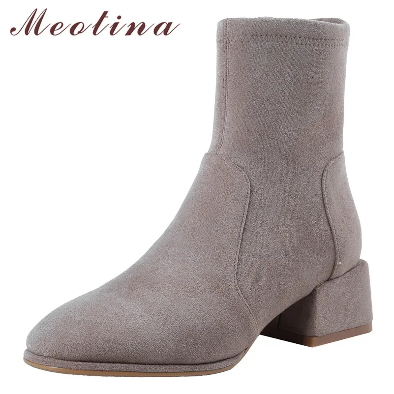 

Meotina Women Boots Winter Ankle Boots Real Leather Chunky Heel Short Boots Zipper Square Toe Shoes Female 2019 Black Size 34-39