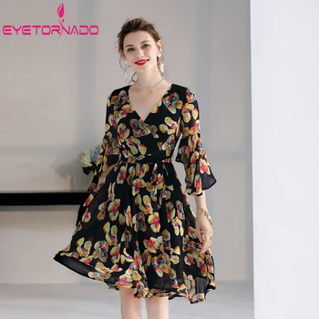 

Plus Size Women Summer Dress Flare Sleeve Floral Print Party V Neck Short Casual Beach Boho Mini Chiffon Dress S-3XL