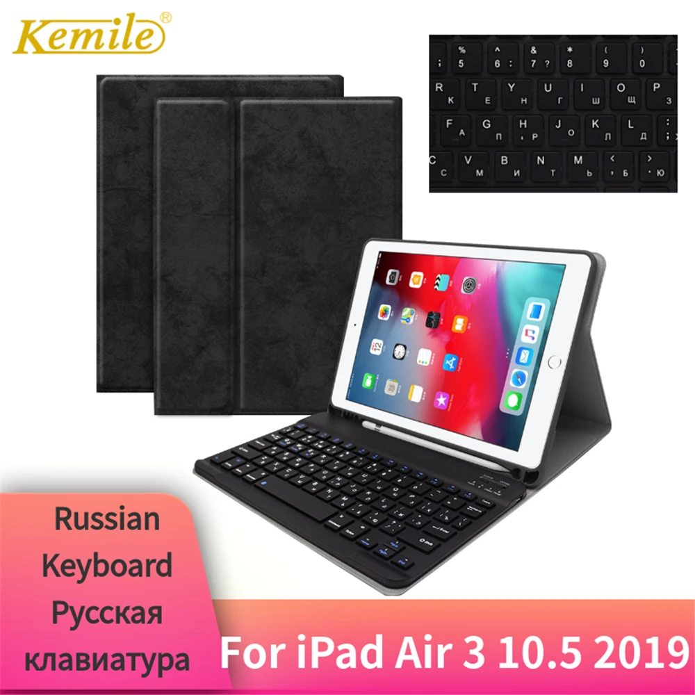 

For iPad Air 3 10.5 2019 Case Keyboard W Pencil holder TPU Leather Stand Smart Cover For iPad Air 3 10.5 Case Russian Keyboard