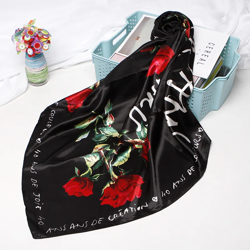 

Fashion Hair Scarf For Women Print Silk Satin Hijab Scarfs Kerchief 90cm*90cm Square Shawls Neckerchief Scarves For Ladies 2019