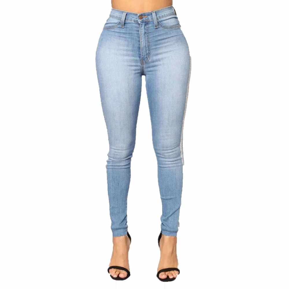 High street Полосатые джинсы Женская линия Классический Высокая талия узкие джинсовые брюки эластичные Твердые стрейч femme Джинсы для женщин