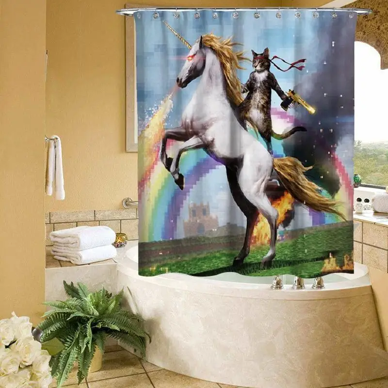 Unicorn Cat Waterproof Shower Curtain Polyester Fabric Printing