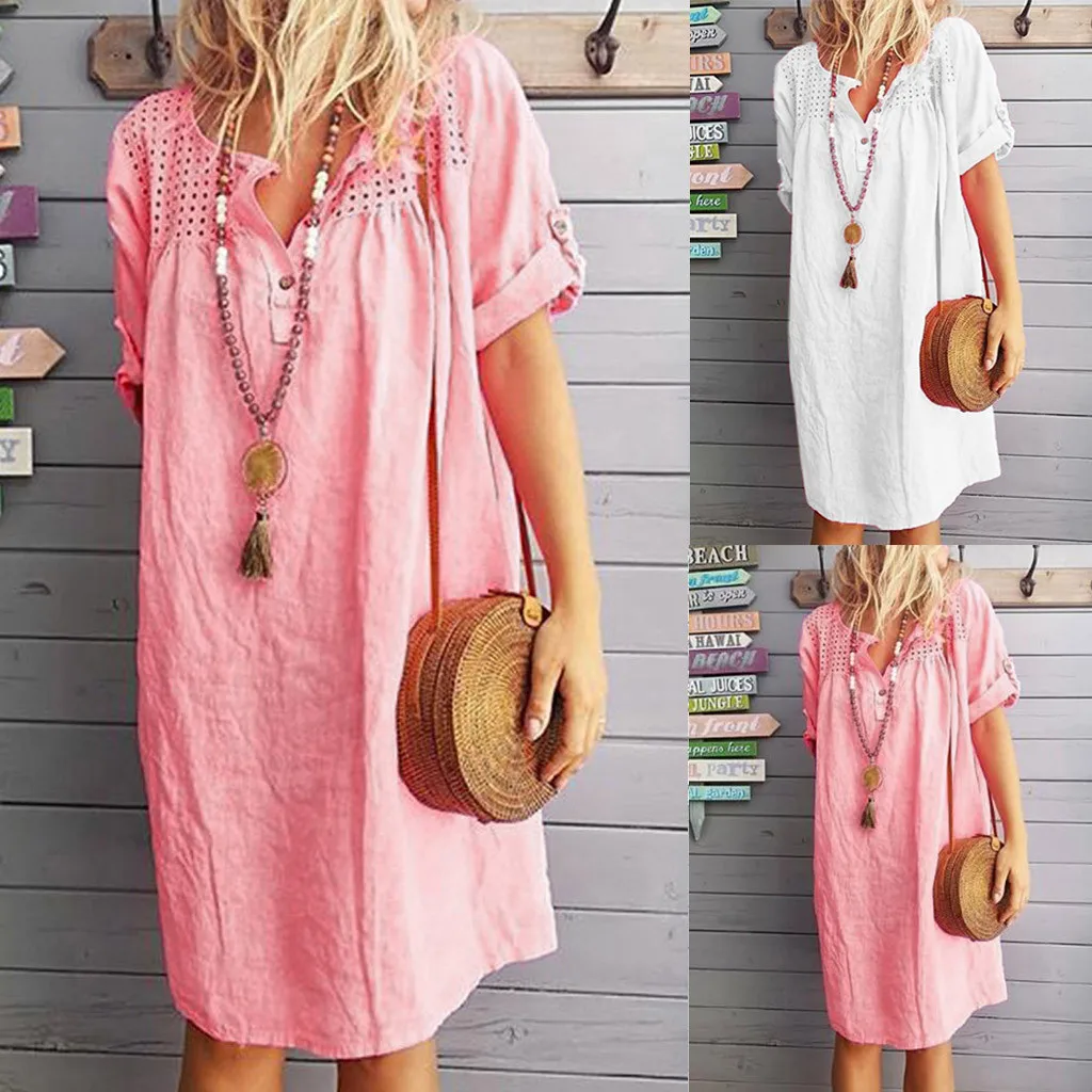 

feitong 2019 Hot Sale!! Two Colors Cute Women Summer Casual Short Sleeve Solid Loose Shift Daily Paneled Plain Dresses Vestidos