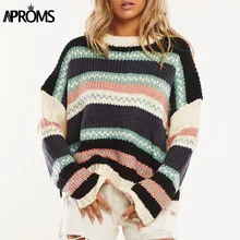 Aproms Multi Striped Print Loose Pullovers Sweaters Women Autumn Winter Drop Shoulder Ribbed Knitted Jumper Outerwear Top 2019 Aproms Multi Striped Print Loose Pullovers Sweaters Women Autumn Winter Drop Shoulder Ribbed Knitted Jumper Outerwear Top 2019