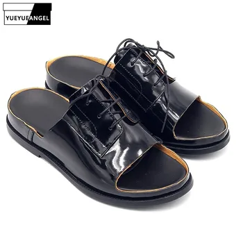

2019 New Spring Summer Genuine Leather Slippers Black Street Flat Shoes Men Casual Handmade Leather Shoes Mens Fashion Sandals