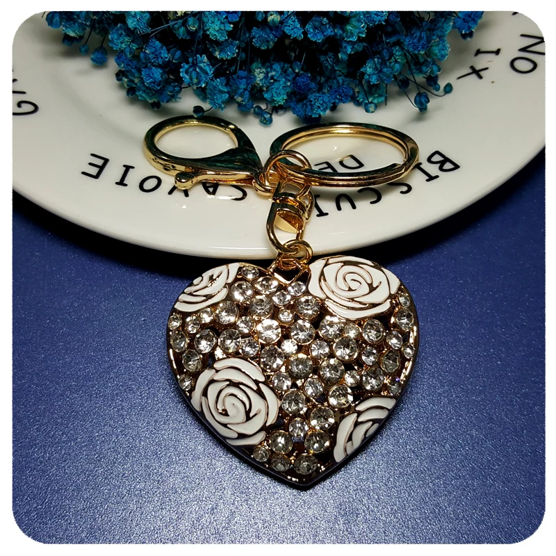 

Rhinestone Heart Shape with Roses Handbag Charm Ornament Accessory Fantastic 3D Key Chain Gift