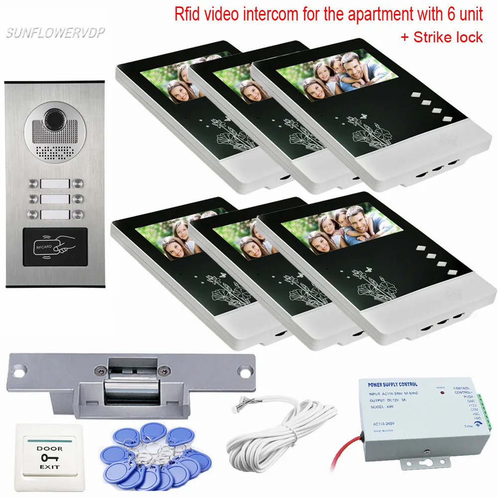 6 Apartments Rfid Interphone Video Intercom With Lock Door Phone 4.3\ Color Monitors CCD Door bell With Camera Intercom For Home 6 Apartments Rfid Interphone Video Intercom With Lock Door Phone 4.3\ Color Monitors CCD Door bell With Camera Intercom For Home