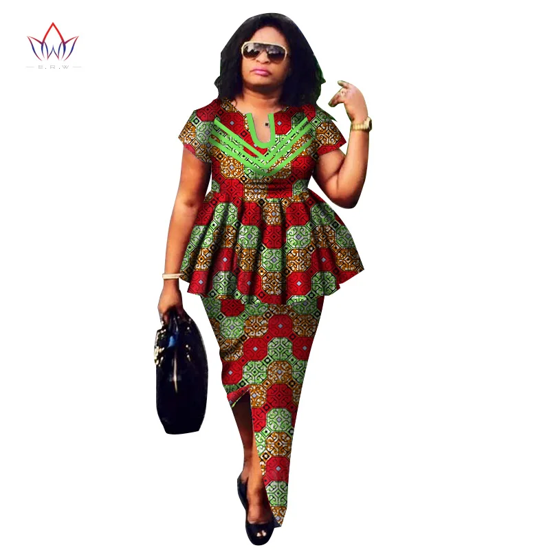 

2019 Summer African Dashiki for women o-neck Skirt Set natural Bazin riche african fashion clothing cotton Plus Size BRW WY2592