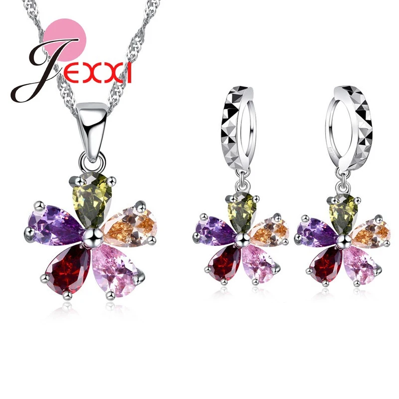 Пять лепестков цветов красочные CZ украшение с кристальной подвеской наборы 925 ожерелье серьги-кольца с подвесками наборы для женщин
