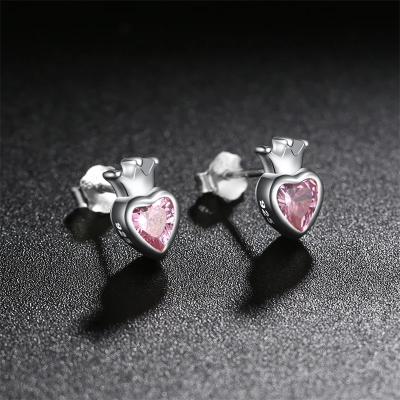 AZIZ BEKKAOUI Аутентичные стерлингового серебра 925 пробы сладкое розовое сердце серьги-гвоздики в форме короны серьги для женщин стильные серьги для девушек ювелирные изделия